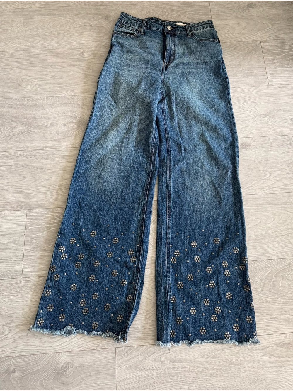 BCBGeneration Dark Blue Wide-Leg Jeans with Studded Floral Hem
